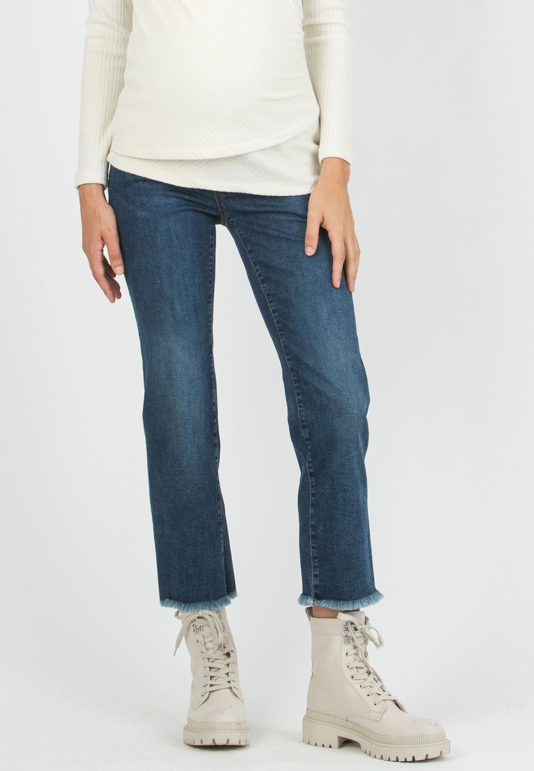 Attesa Maternity GIADA NAVY - Straight Maternity Jeans with Fringed Hem